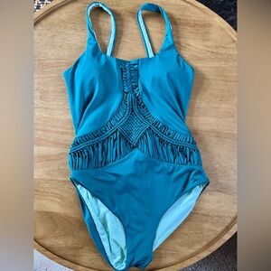Dolce Vita Teal One Piece Swimsuit Womens Macrame Back Cutout Boho Swimwear